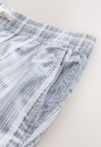 Gestreepte lichtblauwe en witte korte broek met een elastische tailleband en trekkoord. Het materiaal lijkt textuur te hebben met fijne lijnen en subtiele patronen.