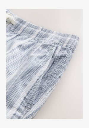 Spodenki w paski, jasnoniebieskie i białe, z elastycznym paskiem i sznurkiem do ściągania. Materiał wydaje się mieć teksturę z drobnymi liniami i subtelnymi wzorami.
