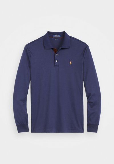 Long-sleeve polo shirt in dark navy cotton with a collared neck, three-button placket, and small embroidered logo in orange on the chest.
