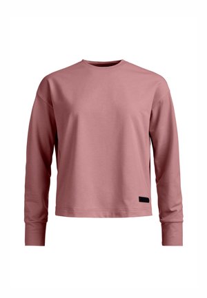 Langärmeliges Sweatshirt in Rosenrosa mit Rundhalsausschnitt und einem kleinen schwarzen rechteckigen Etikett nahe dem Saum an der linken Seite.