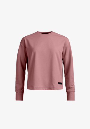 Langärmeliges Sweatshirt in Rosenrosa mit Rundhalsausschnitt und einem kleinen schwarzen rechteckigen Etikett nahe dem Saum an der linken Seite.