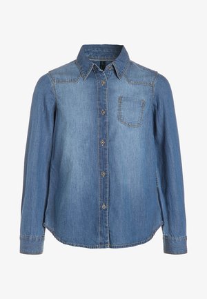 Langærmet blå denimskjorte med knapper foran, spids krave, brystlomme på venstre side og dobbelt syninger.