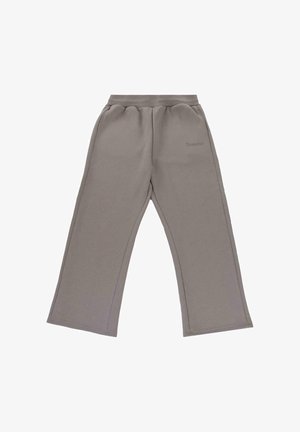 Pantalons de survêtement gris amples avec taille élastique et poches latérales, logo de la marque brodé sur la cuisse supérieure gauche.