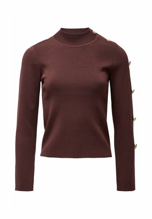 Suéter de punto burdeos con cuello alto, mangas largas y detalles de botones a lo largo de la manga izquierda. Textura suave y diseño ajustado.