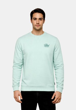 Unge mand iført en lyse mintgrøn sweatshirt med lille mørkegrøn tekst på venstre bryst, stående mod en ensfarvet lys baggrund.