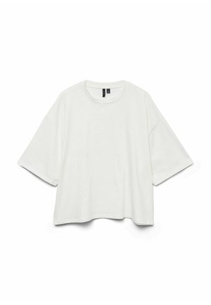 Hvid, løs T-shirt lavet af blødt bomuld, med rund halsudskæring og brede korte ærmer, samt lige afslutning.