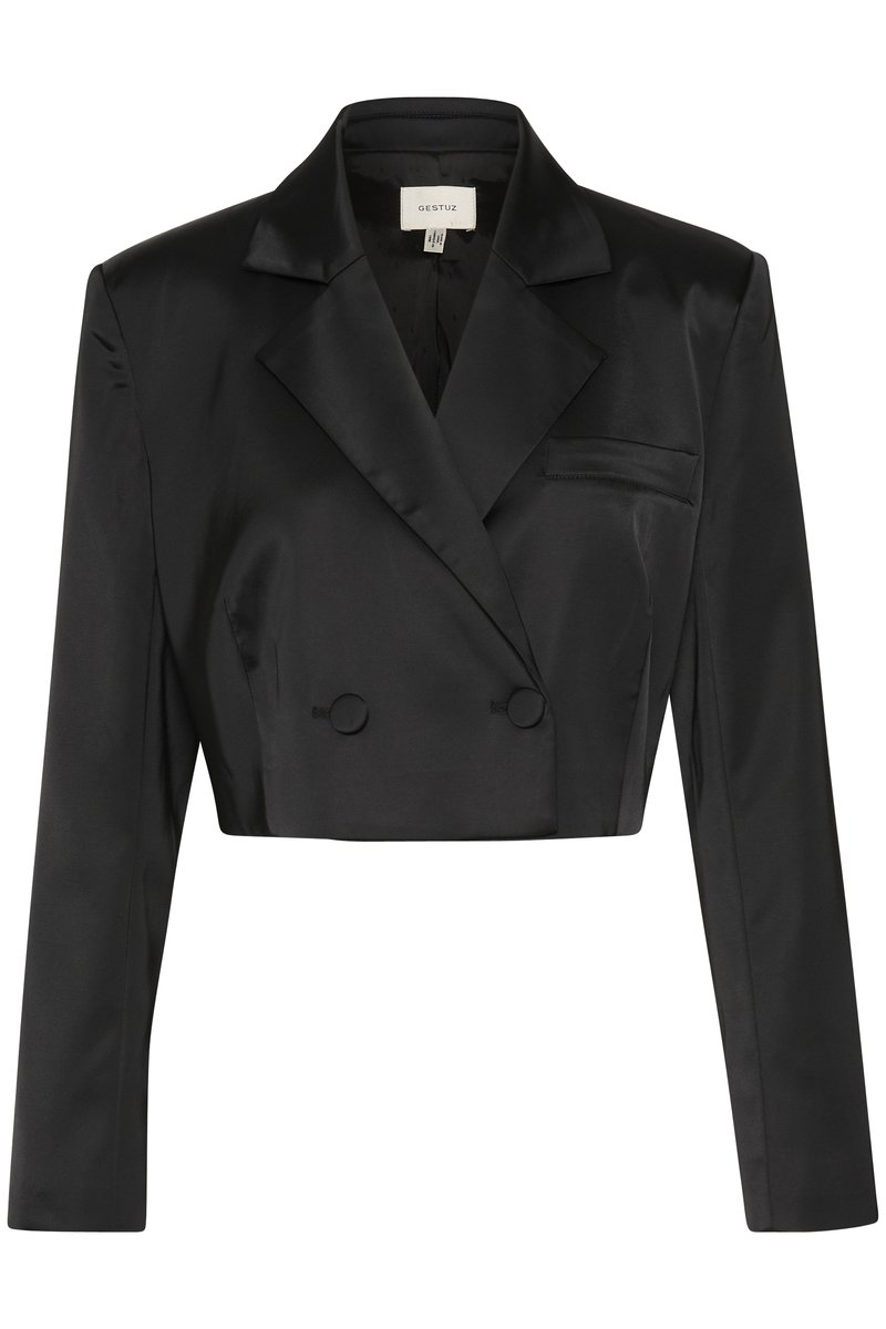 Geknipte zwarte satijnen blazer met een dubbel borst ontwerp, sjaalkraag, lange mouwen en een enkele borstzak. Hete zachte textuur.