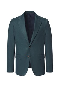 Marynarka w ciemnym morskim kolorze z wyciętymi klapami, dwoma przednimi kieszeniami i dwoma guzikami. Podszewka w kontrastujący granatowy wzór w kropki. Dopasowany krój.