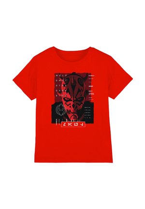 Rotes T-Shirt mit einer dunkelroten und schwarzen Grafik eines gehörnten Gesichts mit dem Text "Willkommen auf der dunklen Seite" und stilisierten Symbolen.