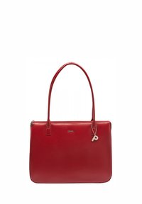 Rode leren boodschappentas met een gladde textuur, dubbele schouderbanden en een klein metalen charme met "P." Beschikt over een ritssluiting en een strakke vormgeving.