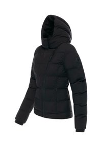 Juodas pūkinis švarkas su kapišonu, su horizontaliu siuvinėjimu, užtrauktuku priekyje ir banguotais rankogaliais. Ant rankovės yra apskritas logotipas.