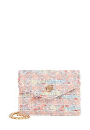 Tweed crossbody bag in pastel colors with a gold chain strap and a logo accent. Features a flap closure and textured woven fabric.