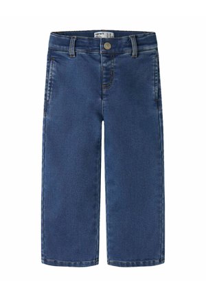 Pantalon large en denim bleu pour enfants avec poches avant, passants de ceinture, bouton et fermeture éclair.