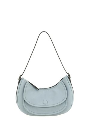 Borsa a spalla in pelle azzurro chiaro con tasca frontale con pattina, forma arrotondata, tracolla nera regolabile e chiusura con cerniera superiore.