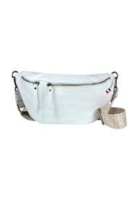 Weiße Leder-Crossbody-Tasche mit einem Reißverschluss-Hauptfach, akzentuiert mit einem gemusterten Gurt und einfachen Hardware-Details.