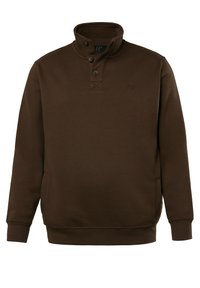 Brauner, langärmeliger Sweatshirt mit hohem Kragen, drei Knöpfen und Seitentaschen, aus weichem Stoff mit strukturiertem Finish.
