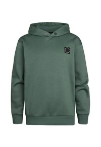 Felpa con cappuccio verde realizzata in morbido misto cotone. Presenta un patch quadrato nero sul petto. Taglio classico con polsini e orlo a costine.