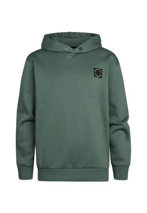 Felpa con cappuccio verde realizzata in morbido misto cotone. Presenta un patch quadrato nero sul petto. Taglio classico con polsini e orlo a costine.