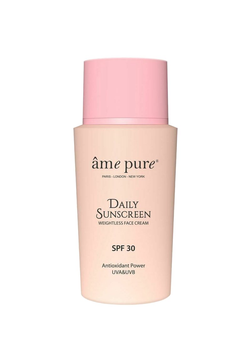 Hellepinkfarbige Sonnencremeflasche mit pinkem Deckel, beschriftet mit "Tägliche Sonnencreme" und "SPF 30." Enthält "Antioxidative Kraft UVA&UVB."