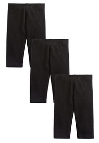 Schwarzes Leggings-Set aus drei Teilen, hergestellt aus einem dehnbaren Baumwoll-Mischgewebe. Jede Leggings hat einen elastischen Bund und reicht bis zur Mitte der Waden.