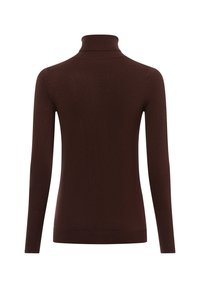 Brun polotröja i stickad kvalitet. Har långa ärmar och en åtsittande design med ribbade detaljer runt kragen och fållen.