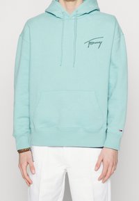Sudadera azul claro hecha de una suave mezcla de algodón, con un bolsillo frontal, cordones y un pequeño logo en el pecho.