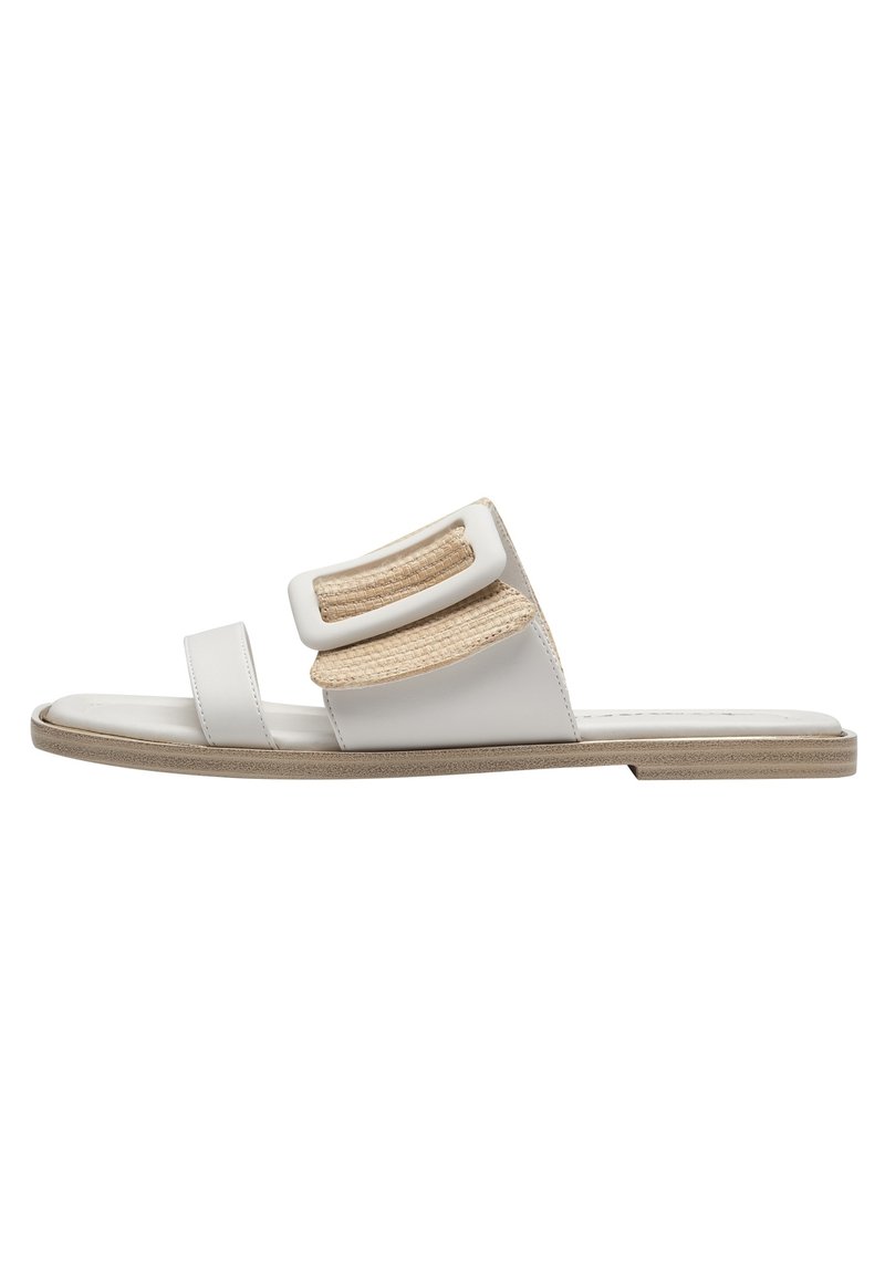 White leather slide sandals featuring two wide straps, one with woven details, and a flat, textured sole. Simple and minimalistic design.