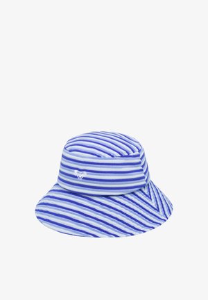 Gestreepte emmerhoed in blauw en wit, gemaakt van een zachte stof, met een afgeronde top, brede rand en een klein hartlogo geborduurd op de band.