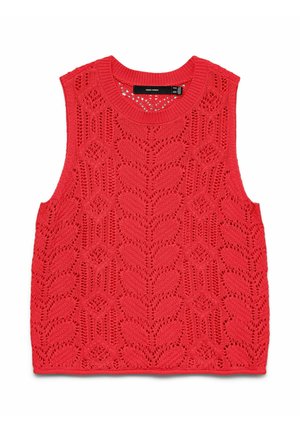 Chaleco de punto rojo sin mangas con patrón de encaje floral y escote redondo, con etiqueta Vero Moda, colocado plano sobre fondo blanco.