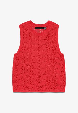 Chaleco de punto rojo sin mangas con patrón de encaje floral y escote redondo, con etiqueta Vero Moda, colocado plano sobre fondo blanco.