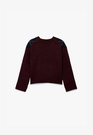 Donker bordeauxkleurige gebreide trui met lange mouwen, voorzien van een marineblauw en wit ruitpatroon op de schouderstukken, ribgebreide manchetten en zoom.