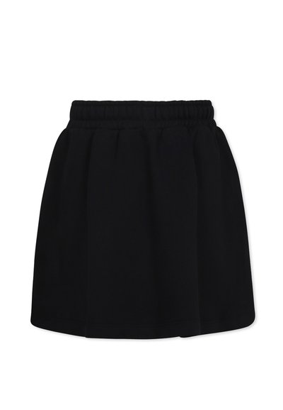 Gonna nera plissettata con vita elastica, realizzata in tessuto morbido; lunghezza fino al ginocchio con una texture liscia e un design semplice.