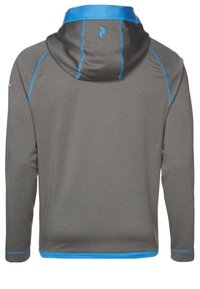 Sweat à capuche gris avec des accents bleus, fabriqué en tissu doux et texturé. Il comprend une capuche et des manches longues avec des coutures contrastées.