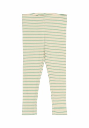 Gestreifte Leggings aus weichem, elastischem Material; mit hellem Creme-Hintergrund und dünnen grünen Streifen; enganliegendes Design mit einem Bund oben.