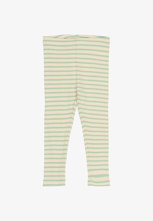 Gestreifte Leggings aus weichem, elastischem Material; mit hellem Creme-Hintergrund und dünnen grünen Streifen; enganliegendes Design mit einem Bund oben.