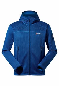 Blaue Zip-Jacke aus strukturiertem Material mit Kapuze, ausgestattet mit zwei Seitentaschen und einem Logo auf der linken Brustseite.