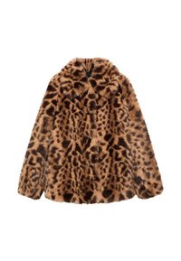 Cappotto in pelliccia sintetica con motivo leopardato, dal design testurizzato e soffice, con una combinazione di colori marrone e beige, dotato di colletto a punte e senza chiusure visibili.