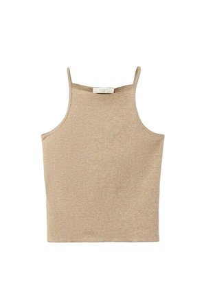 Haut débardeur en maille beige sans manches avec fines bretelles et encolure carrée, posé à plat sur fond blanc.