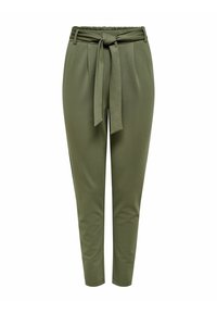 Pantaloni verde oliva realizzati in un tessuto morbido e elasticizzato. Presentano una vita alta con cintura legata, gambe affusolate e due tasche laterali.