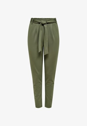 Olive green trousers with a soft, stretchy fabric. Features a high waist with a tied waistband, tapered legs, and two side pockets.