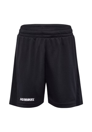 Schwarze Sportshorts mit elastischem Bund und weißem "HUMMEL"-Logo am unteren linken Bein.
