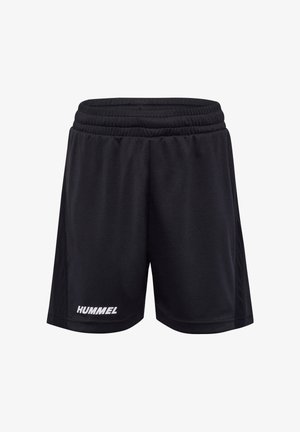 Czarne spodenki sportowe z elastyczną talią i białym logo "HUMMEL" na dolnej lewej nodze.