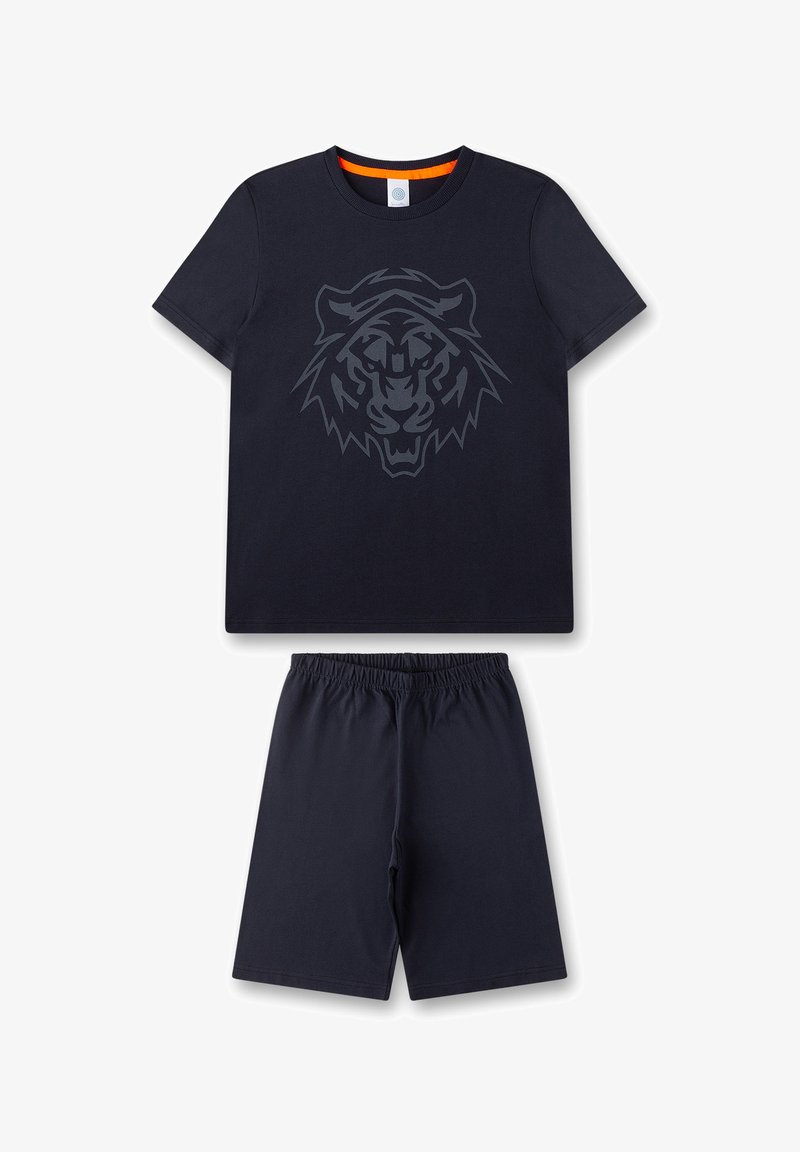 Navy Baumwoll-T-Shirt und Shorts-Set mit einem großen grauen Tiger-Graphic auf dem Shirt. Elastischer Bund an den Shorts für zusätzlichen Komfort.