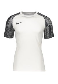 Weißes Sportshirt mit schwarzem Streifen und kurzen Ärmeln. Hat einen runden Halsausschnitt und das Nike-Logo auf der Vorderseite. Leichter, atmungsaktiver Stoff.