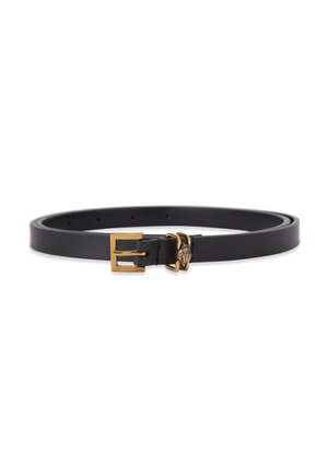 Cintura in pelle nera con fibbia rettangolare in tono oro e piccolo anello decorativo a forma di zampa in tono oro.