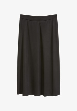 Schwarzer Midirock mit geradem Schnitt, dezenten Vordernahtdetails und elastischem Bund, dargestellt auf weißem Hintergrund.