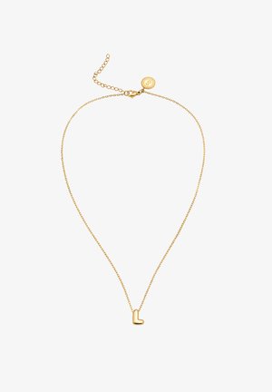 Delicate gouden ketting met een klein gouden hangertje in de vorm van de letter "L" en een verstelbare sluiting met een rond merkembleem.