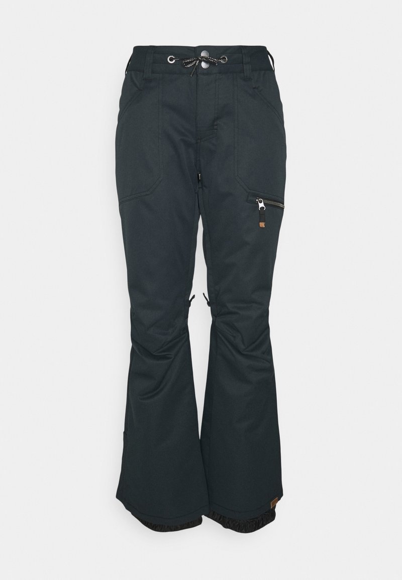 Pantalon de ski noir imperméable avec taille ajustable, poche zippée sur la cuisse et jambes évasées avec guêtres neige.