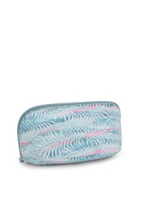 Fodral med dragkedja gjort av glänsande material, med en ljusblå bakgrund och vita och rosa palmbladsmönster. Platt form och rundade kanter.