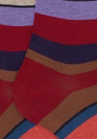 Calze a righe multicolori con motivi rossi, viola, blu navy e marroni, caratterizzate da una morbida texture lavorata a maglia e accenti in blu scuro a contrasto.